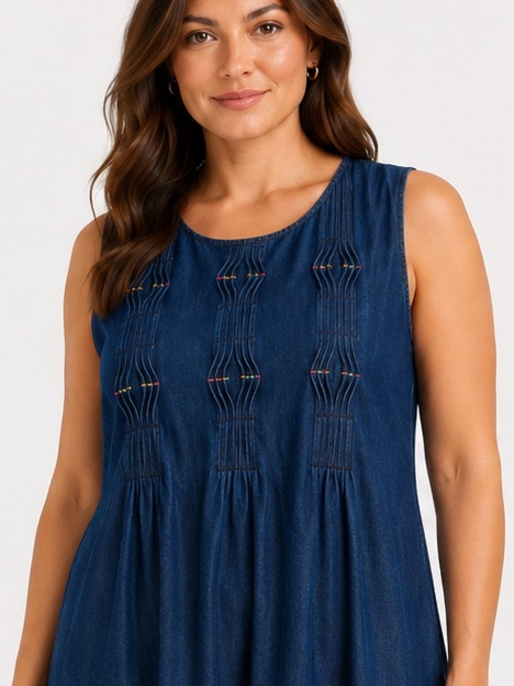 Vintage Denim Maxi Dress 100% Cotton Pintuck Embroidered Boho Cottagecore 14 - Picture 3 of 13